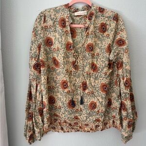 Natalie Martin Cream Floral Blouse with Puff Sleeves and Mandarin Collar